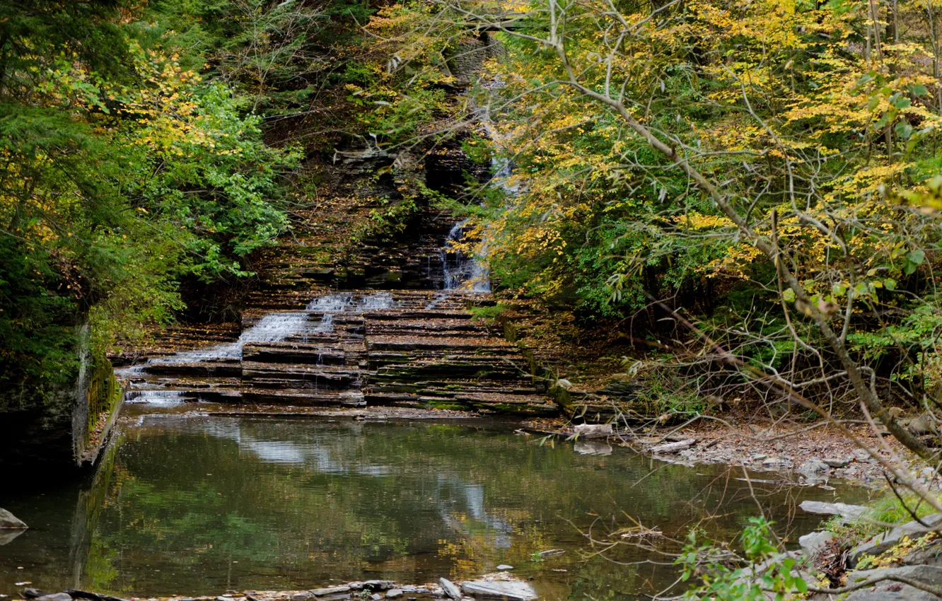 Фото обои Водопад, Осень, USA, США, Fall, Autumn, Waterfall, Итака