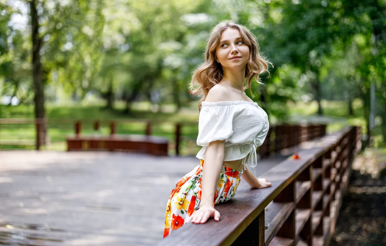 Фото обои grass, blouse, trees, model, women, blonde, skirt, white blouse