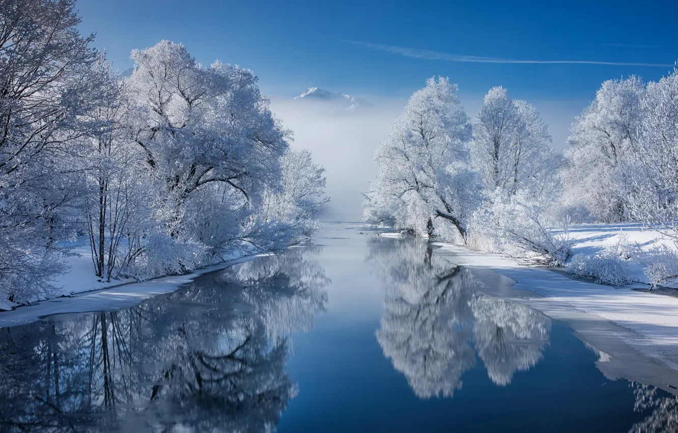Фото обои снег, деревья, горы, отражение, река, Бавария