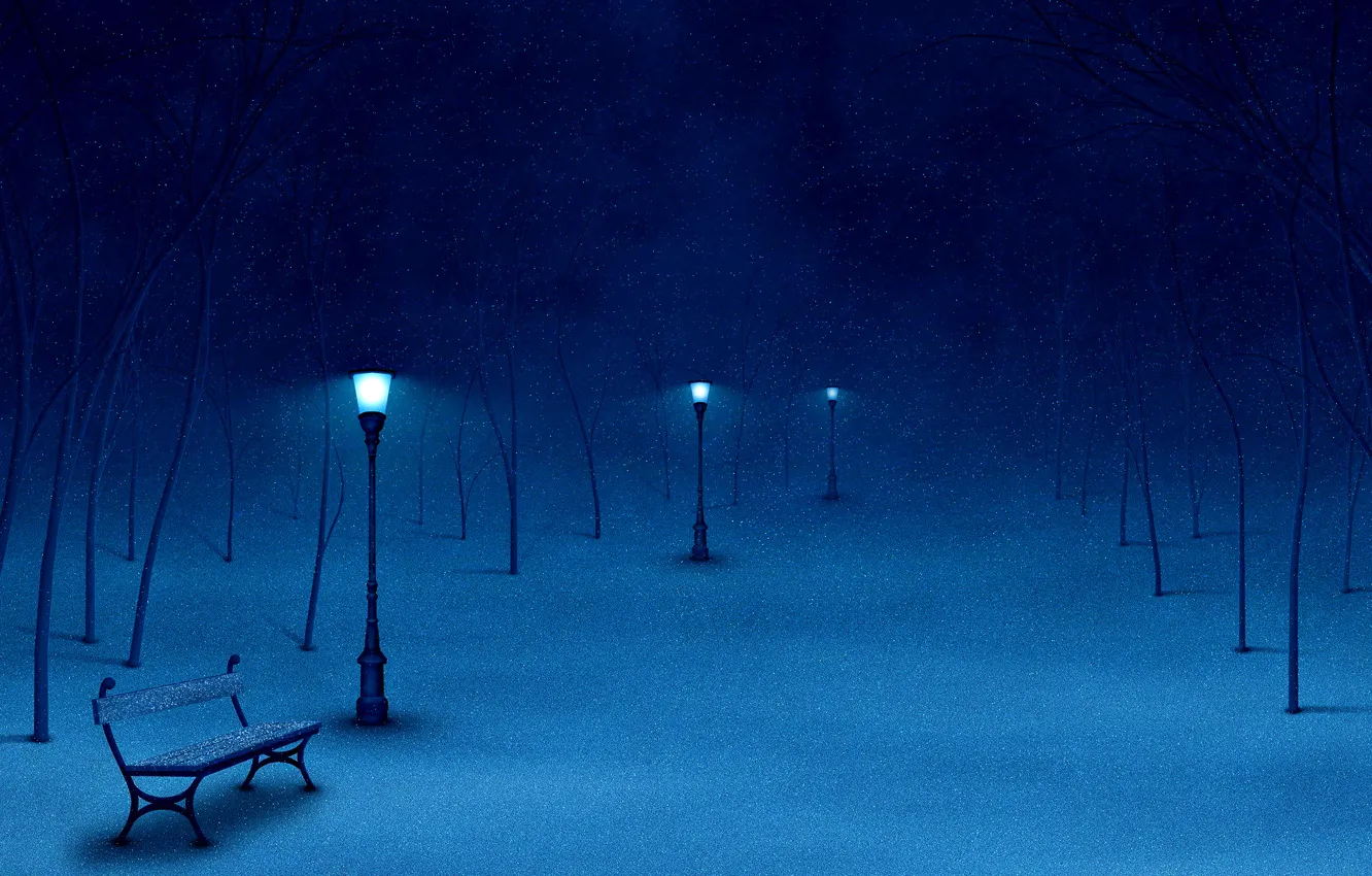Фото обои снег, деревья, скамейка, фонарь