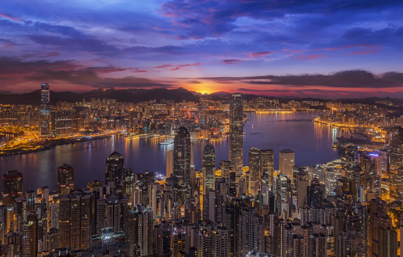 Фото обои закат, China, здания, бухта, Гонконг, панорама, Китай, ночной город