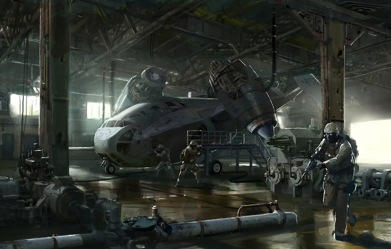 Фото обои самолет, оружие, транспорт, корабль, арт, ангар, солдаты