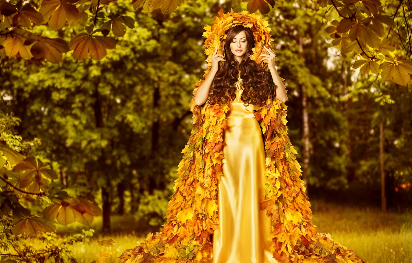Фото обои осень, листья, девушка, креатив, волосы, платье, woman, beautiful