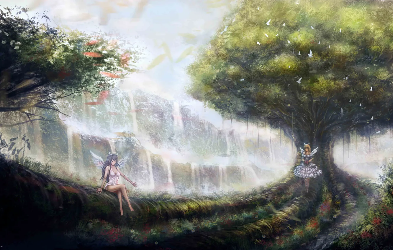 Фото обои лес, цветы, водопад, крылья, аниме, ангелы, арт, птички