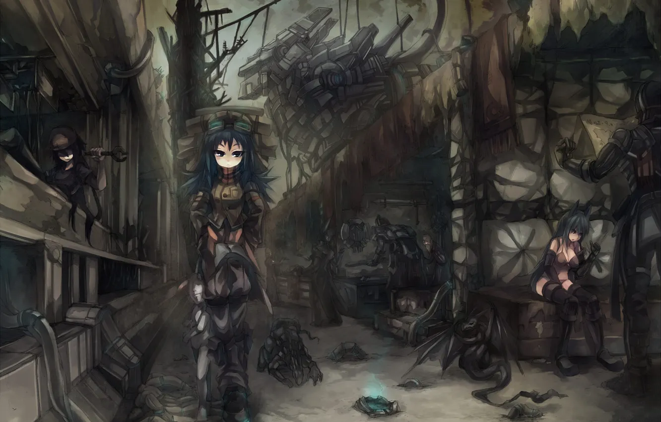 Фото обои девушки, дракон, аниме, арт, очки, старец, mamuru, гаечный ключ