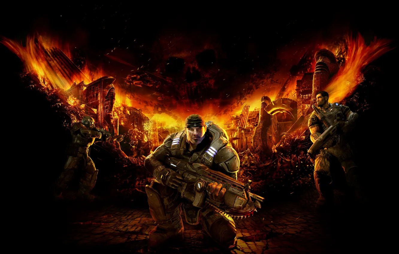 Фото обои Команда, Оружие, Броня, Пила, Винтовка, Microsoft Game Studios, Epic Games, Gears of War: Ultimate Edition