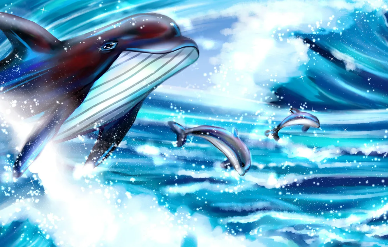 Фото обои море, небо, дельфины