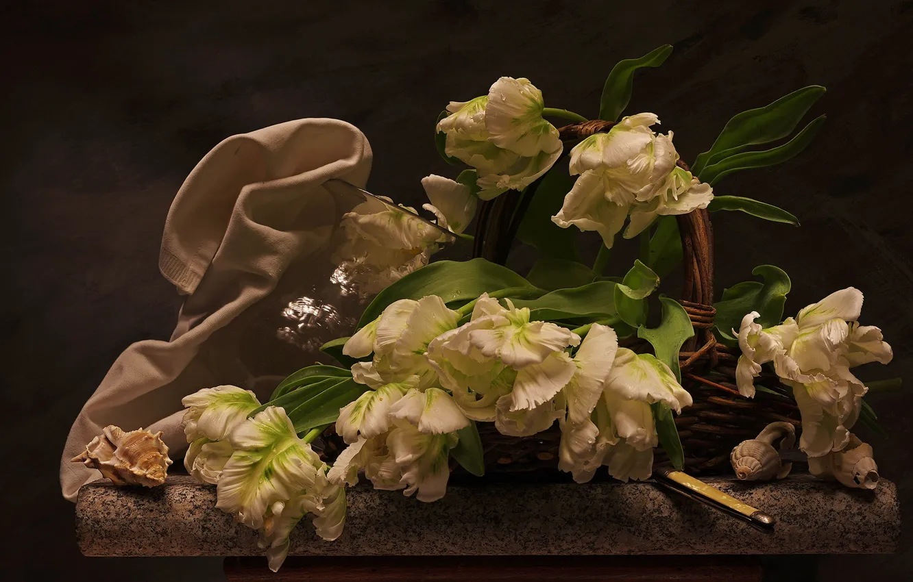 Фото обои цветы, корзина, камень, полотенце, тюльпаны, ракушки, натюрморт