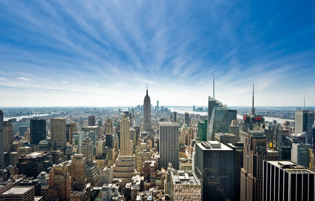Фото обои небо, Нью-Йорк, небоскребы, панорама, США, Манхэттен