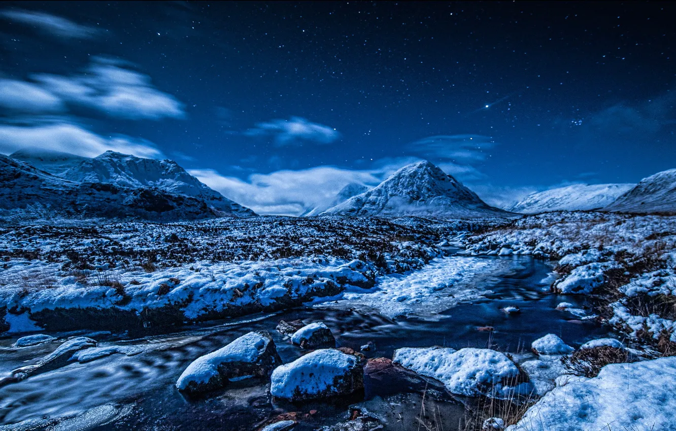 Фото обои зима, небо, звезды, снег, горы, ночь, ручей