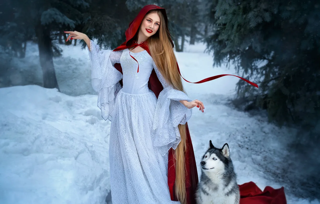 Фото обои зима, лес, девушка, снег, поза, улыбка, танец, собака