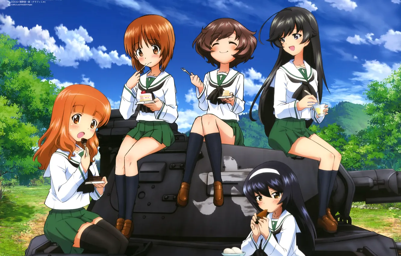 Фото обои девочки, танк, торт, счастливые, танкистки, Saori Takebe, Miho Nishizumi, Girls und Panzer