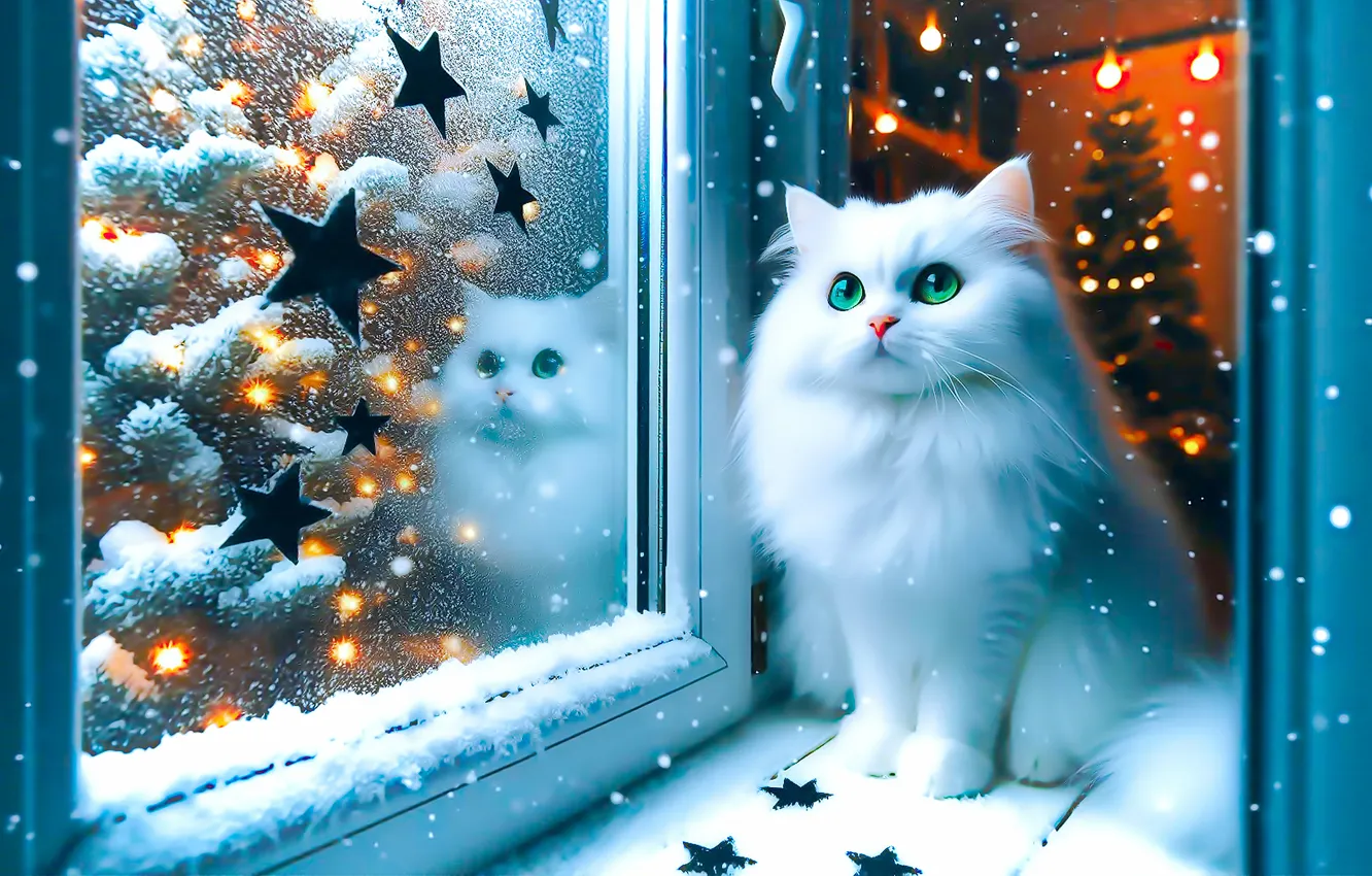 Фото обои зима, иней, кошка, белый, кот, взгляд, стекло, звезды