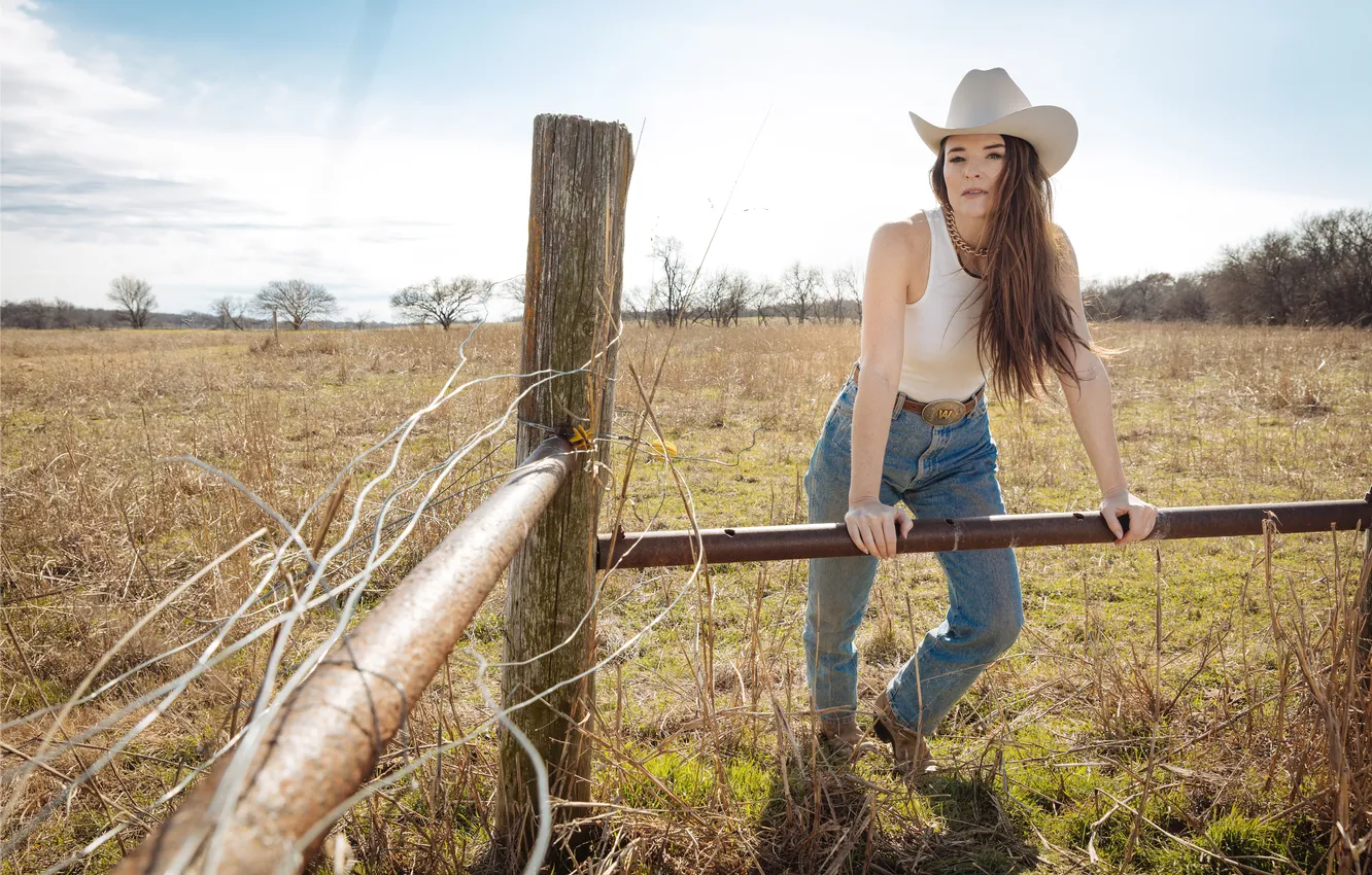Фото обои Girl, summer, grass, meadow, sky blue, Cow Girl, Jenna Paulette