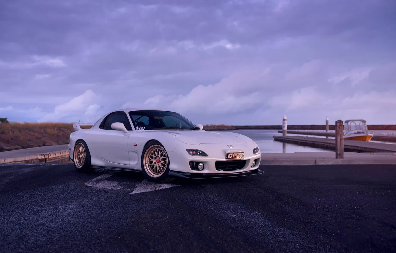 Фото обои Mazda, Car, Front, White, Sunrise, RX-7, Sport