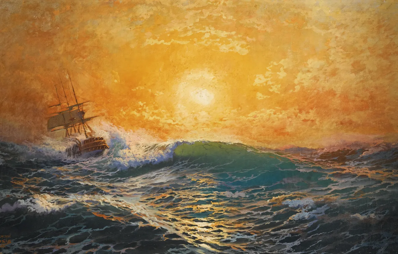 Фото обои море, волны, пена, солнце, закат, ветер, корабль, michael zeno diemer