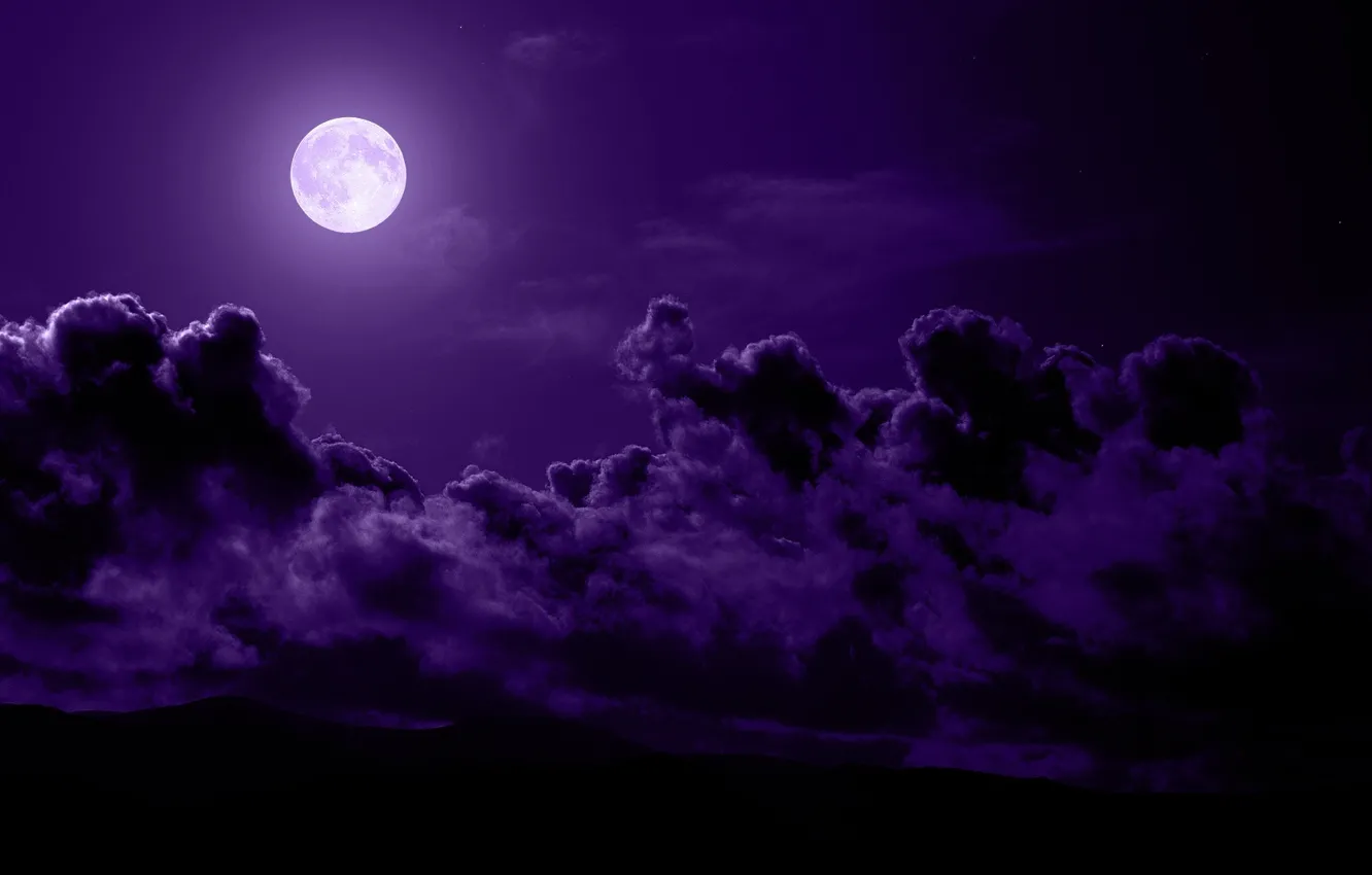 Фото обои облака, горы, ночь, луна, фиолетовое