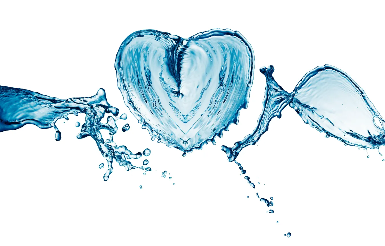 Фото обои вода, капли, брызги, сердце, белый фон