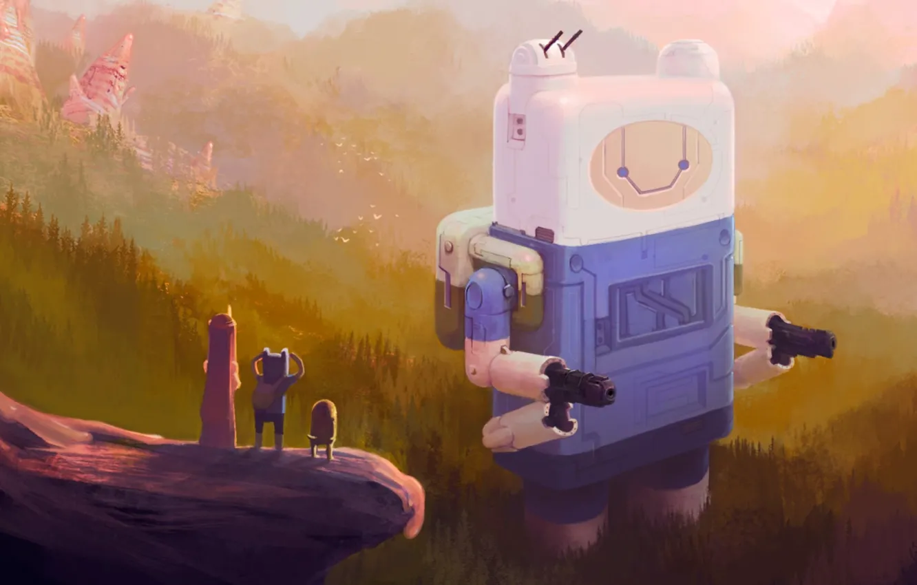 Фото обои лес, горы, робот, арт, Jack, время приключений, Adventure time, Finn