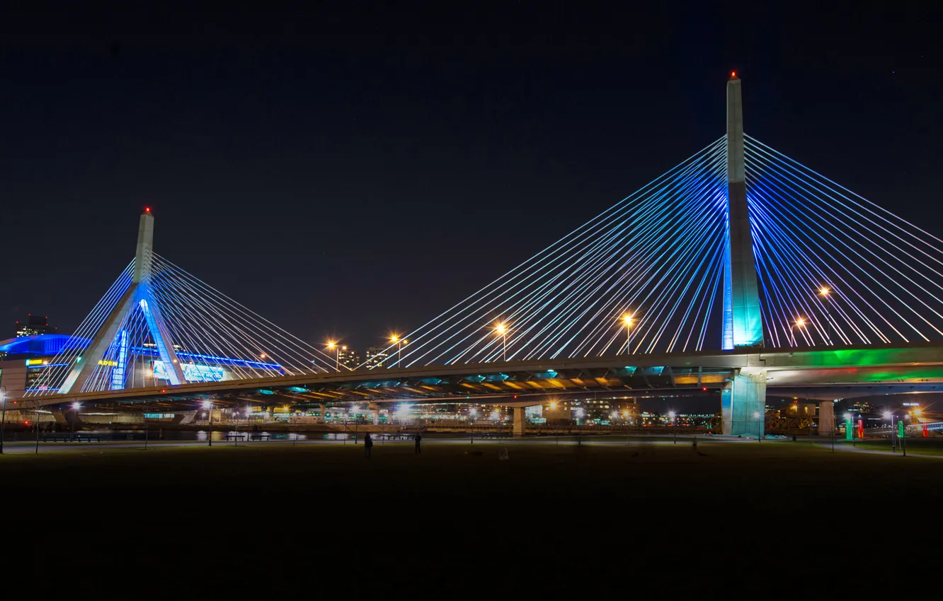 Фото обои ночь, мост, огни, опора, USA, США, Boston, Massachusetts