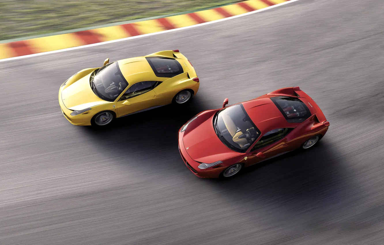 Фото обои Красный, Авто, Желтый, Машина, Асфальт, Ferrari, Трасса, 458