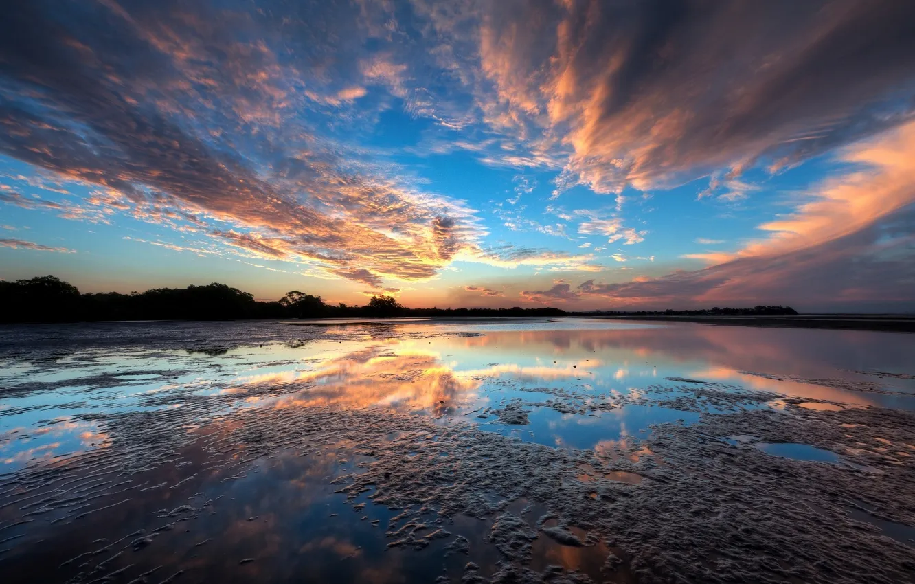 Фото обои вода, закат, озеро