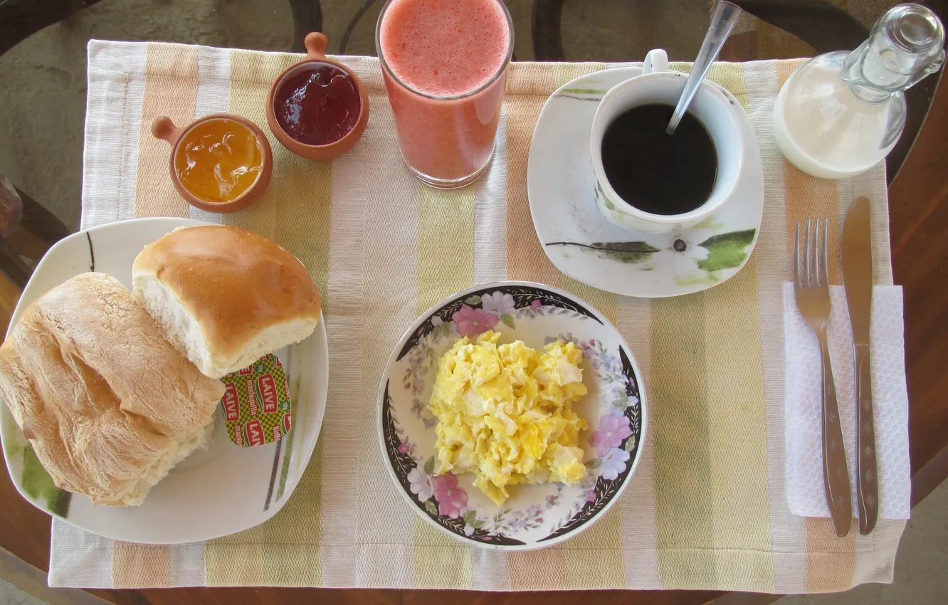 Фото обои кофе, завтрак, булочки, омлет