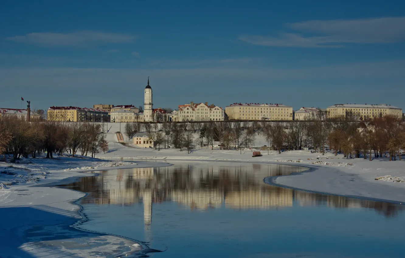 Фото обои зима, пейзаж, город, отражение, река