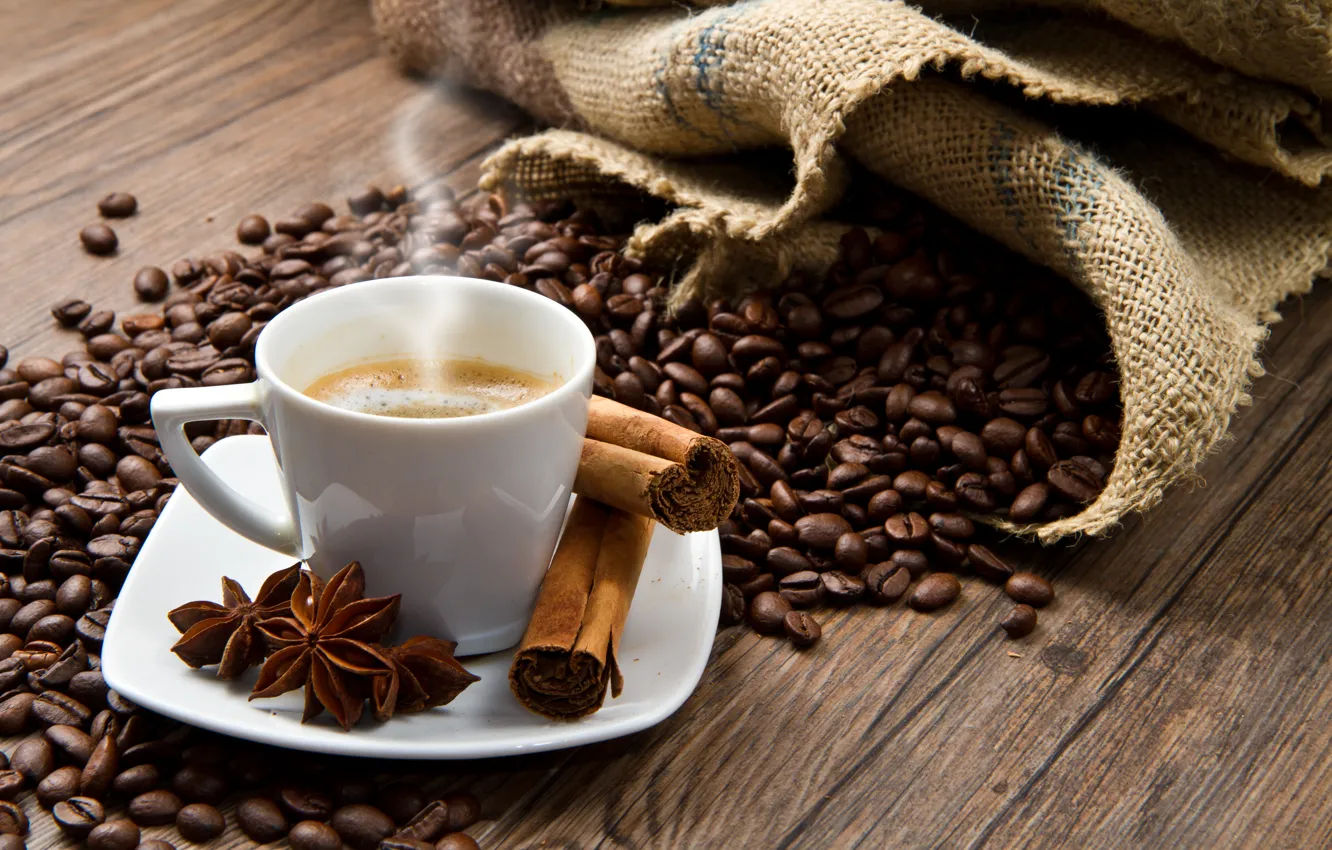 Фото обои кофе, зерна, чашка, корица, coffee, пряности, cinnamon, анис
