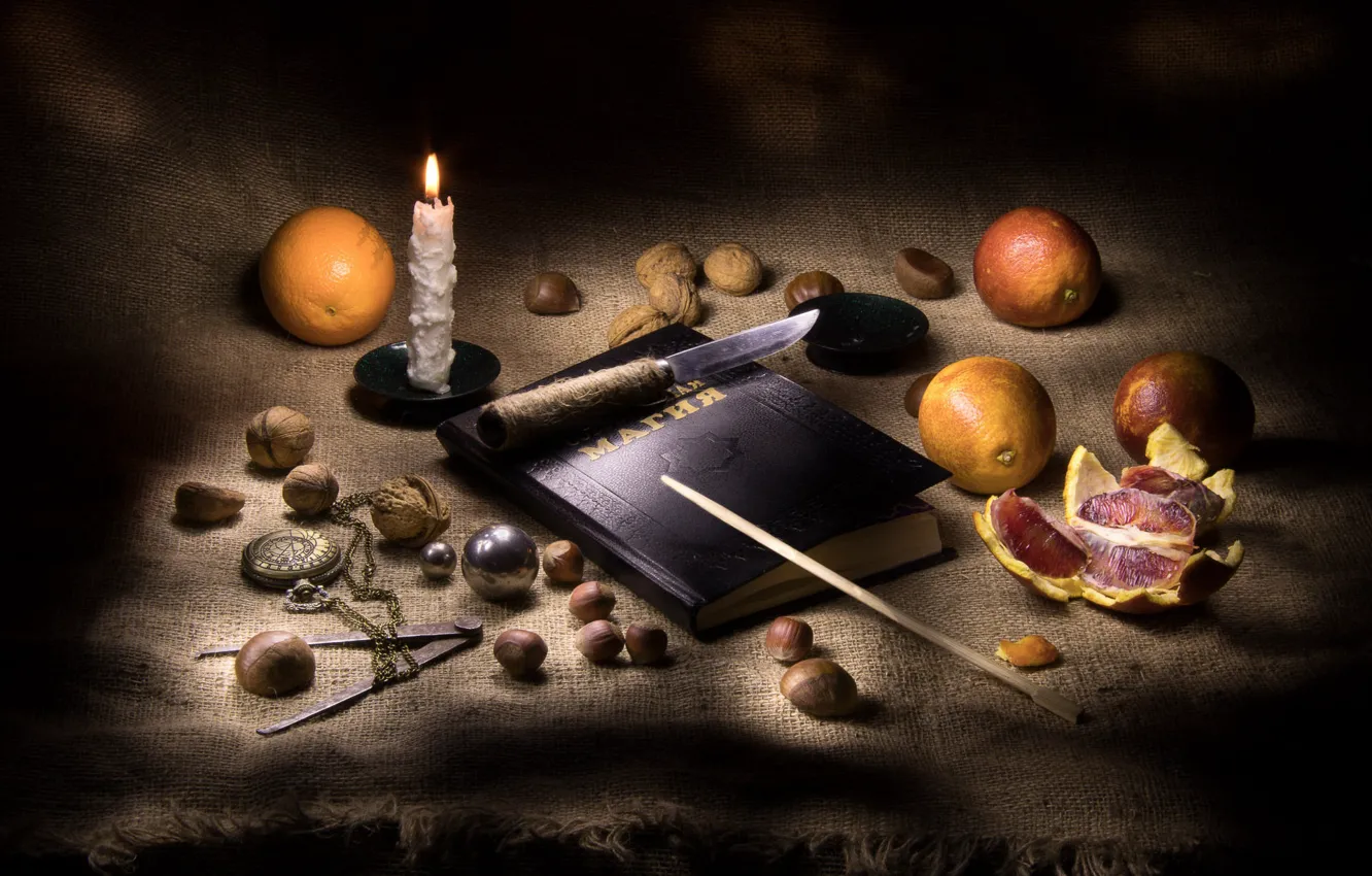 Фото обои магия, апельсины, нож, книга, орехи, натюрморт, грейпфруты