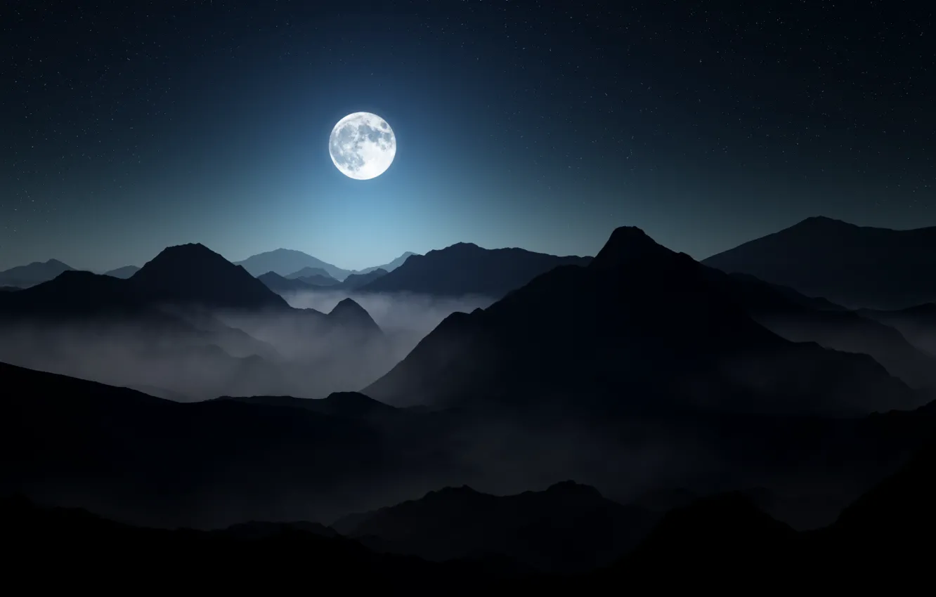 Фото обои небо, пейзаж, горы, ночь, туман, тьма, moon, landscape
