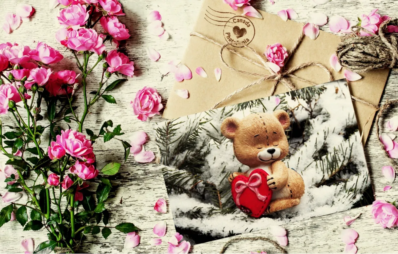 Фото обои цветы, розы, мишка, Письмо, Праздник, день влюбленных, открытка