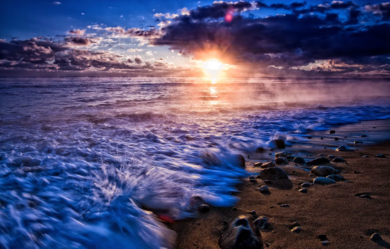 Фото обои песок, море, небо, вода, солнце, облака, пейзаж, природа
