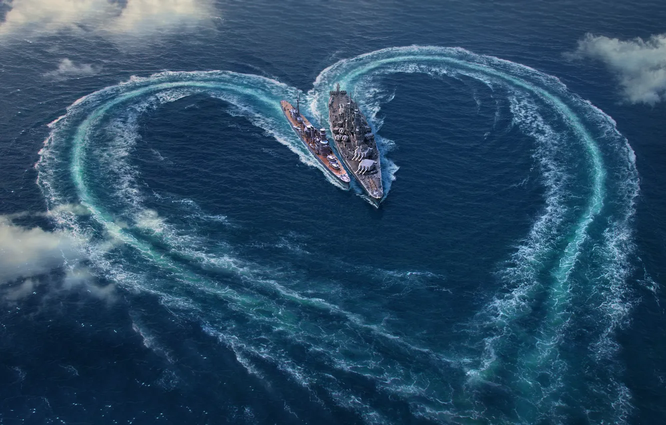 Фото обои море, облака, сердце, корабли, День святого Валентина, вид сверху, World Of Warship
