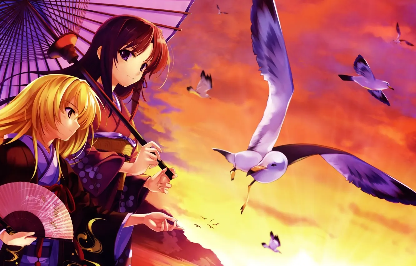Фото обои закат, птицы, зонтик, девушки, чайки, зонт, арт, кимоно