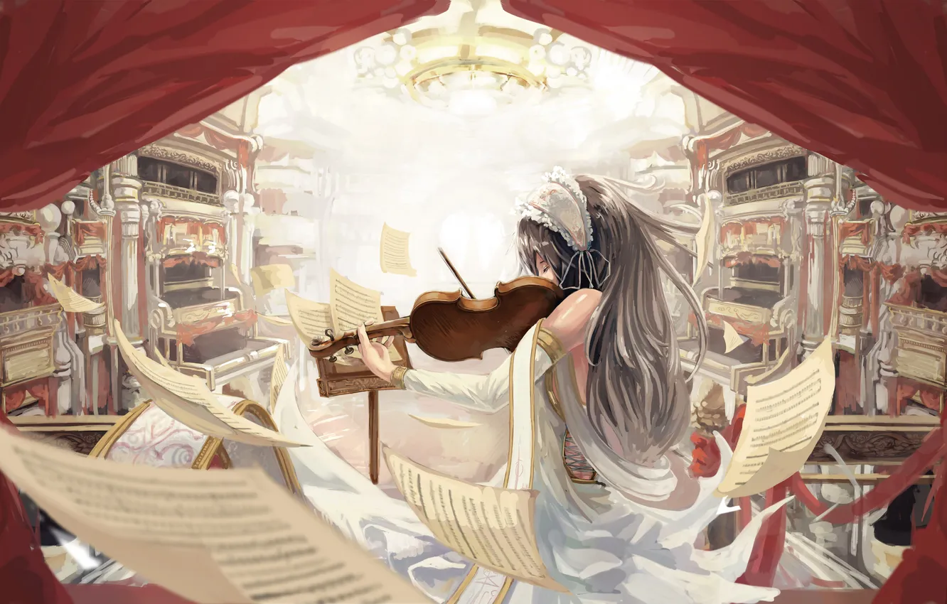 Фото обои девушка, ноты, музыка, скрипка, арт, листы, опера, портьеры