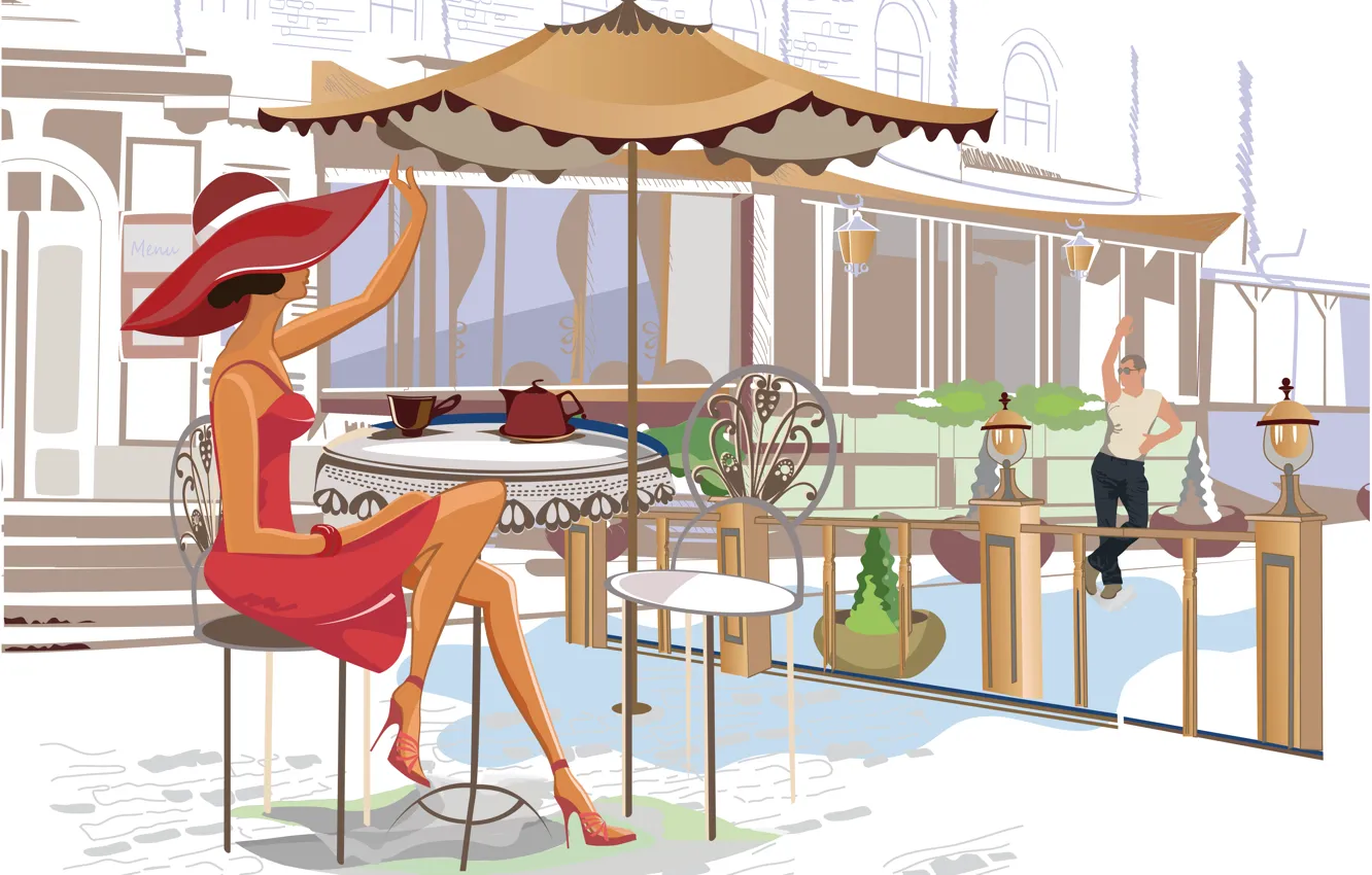 Фото обои девушка, чай, чайник, кафе, парень, столик