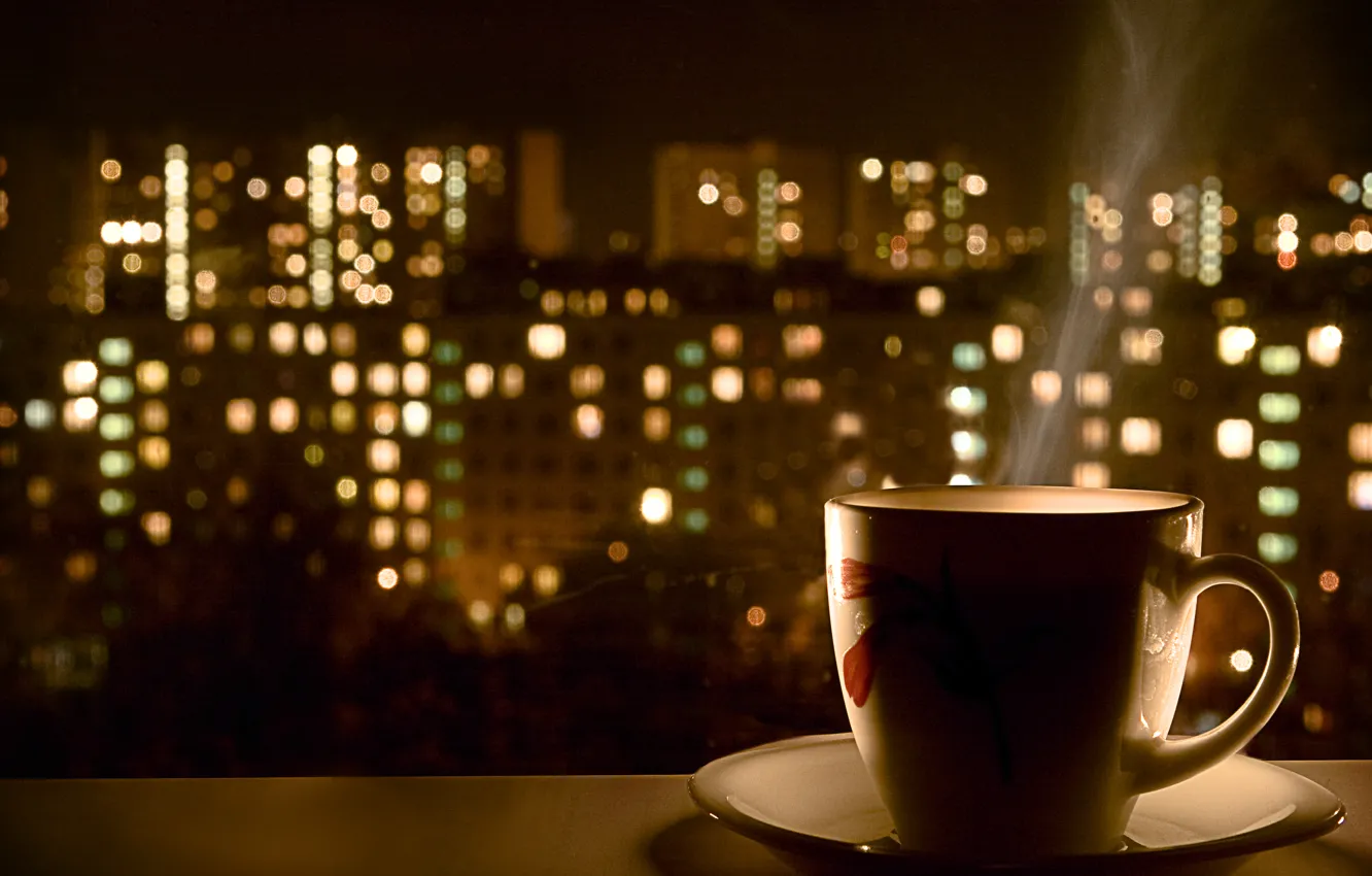 Фото обои ночь, огни, кофе, горячий, кружка
