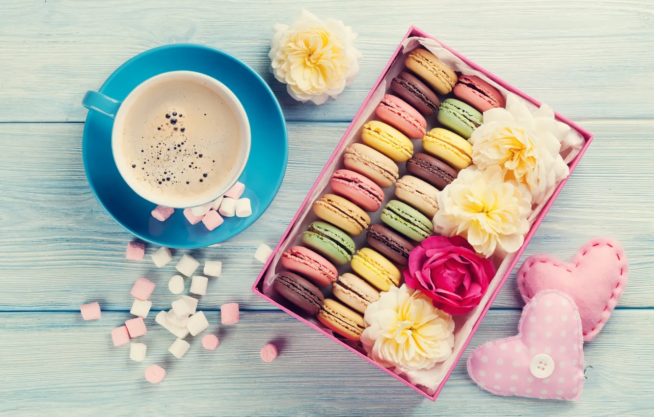 Фото обои цветы, подарок, colorful, wood, pink, flowers, hearts, coffee cup