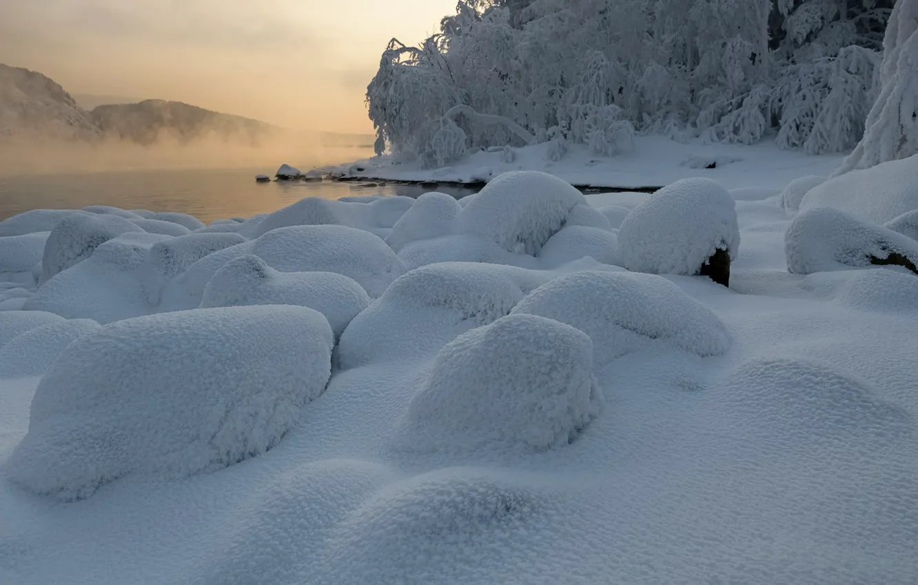 Фото обои зима, снег, пейзаж, природа, туман, река, мороз, Енисей