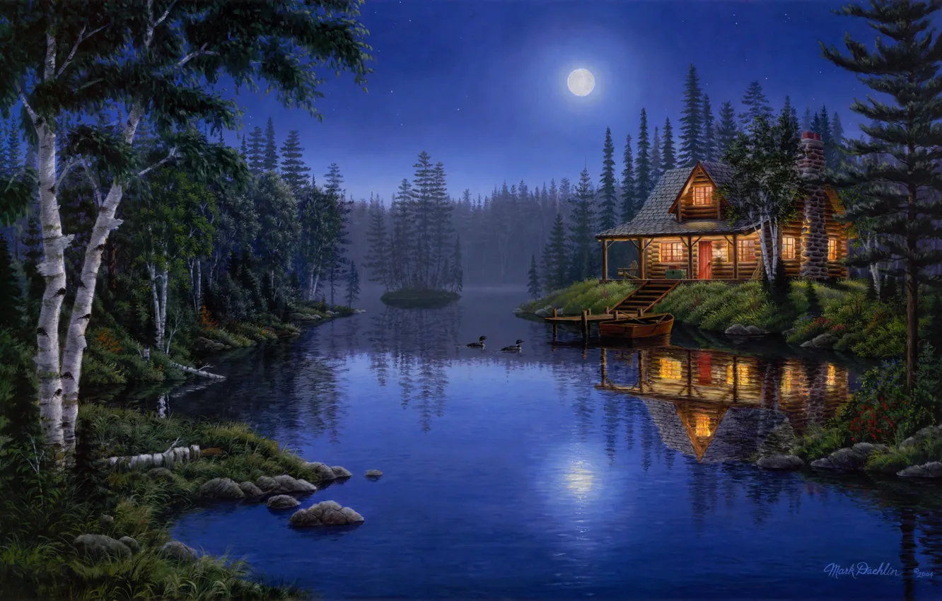 Фото обои light, moon, house, forest, night, lake, painting, moonlight, Mark Daehlin, ducks, Moonlight Serenade