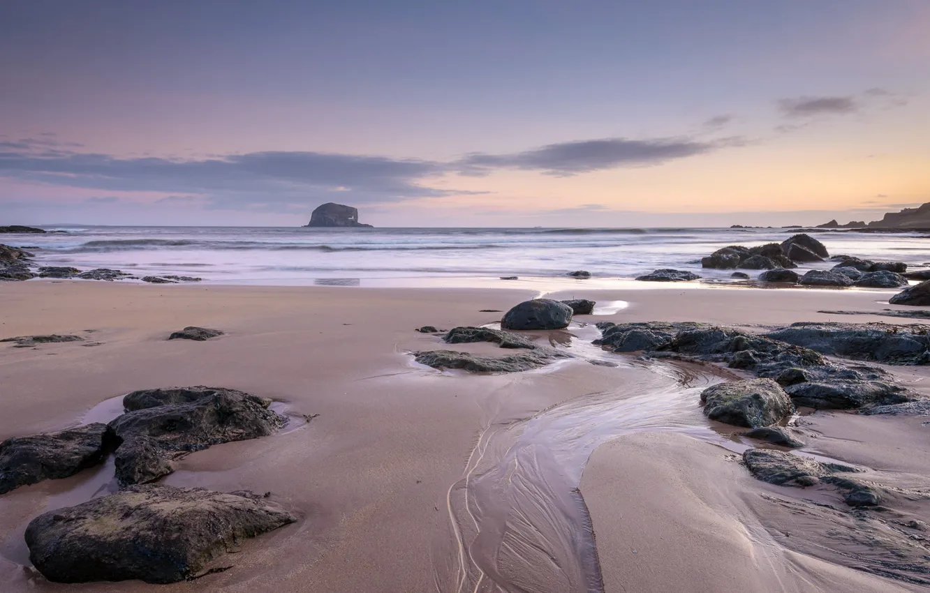 Фото обои песок, море, камни, побережье, Шотландия, Scotland, North Berwick, East Lothian