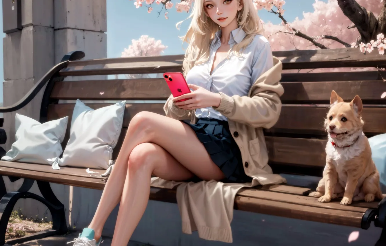 Фото обои iphone, sky, trees, animals, dog, clouds, women, cherry blossom