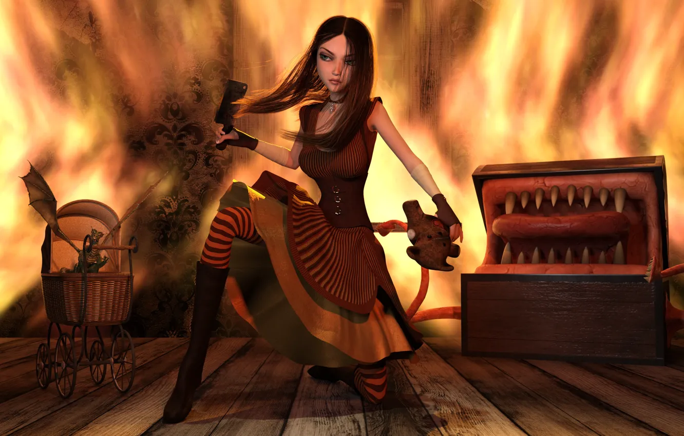 Фото обои девушка, дракон, игра, коляска, Alice Madness Returns