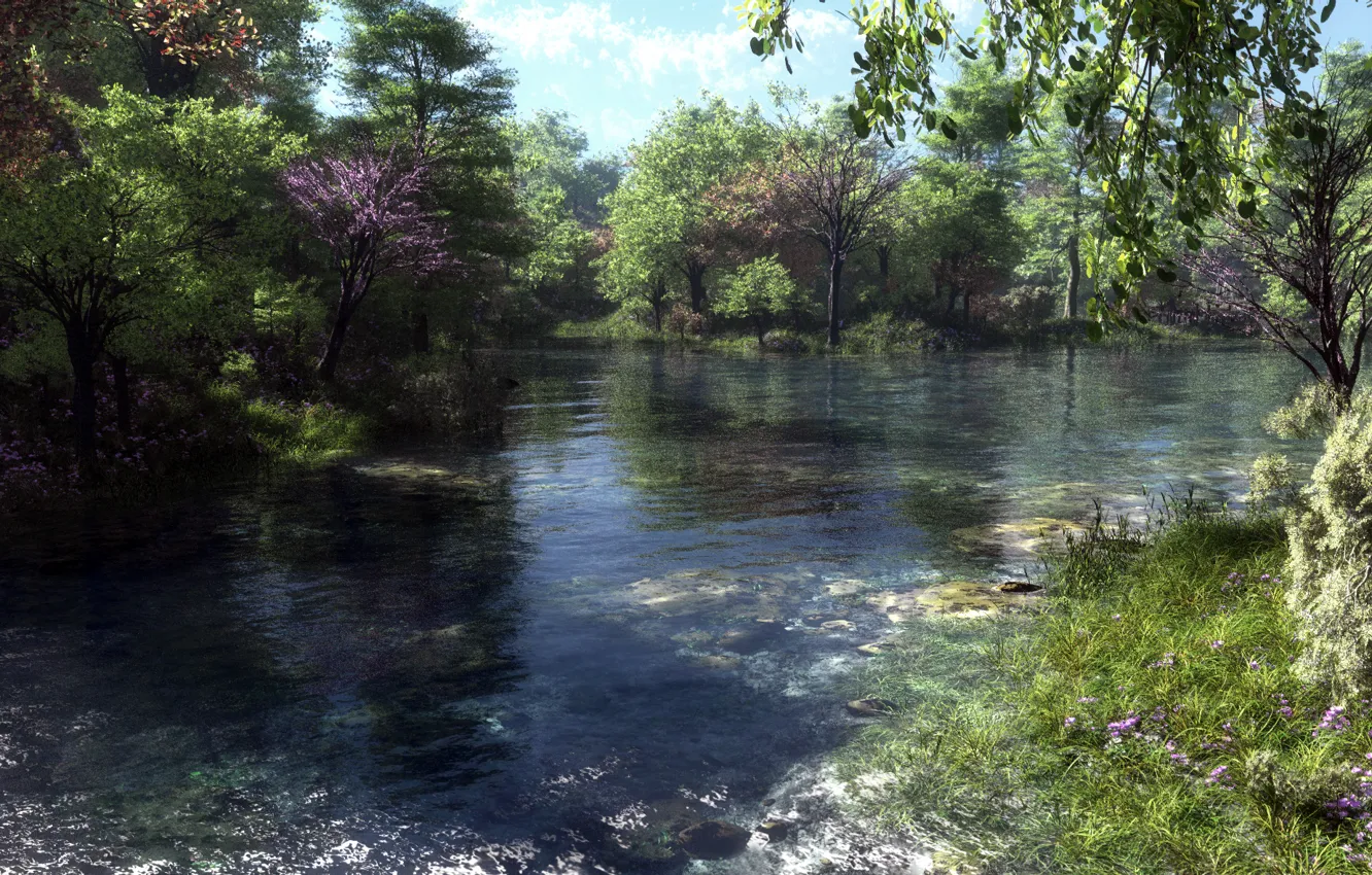 Фото обои деревья, река, арт, klontak, my fishing spot