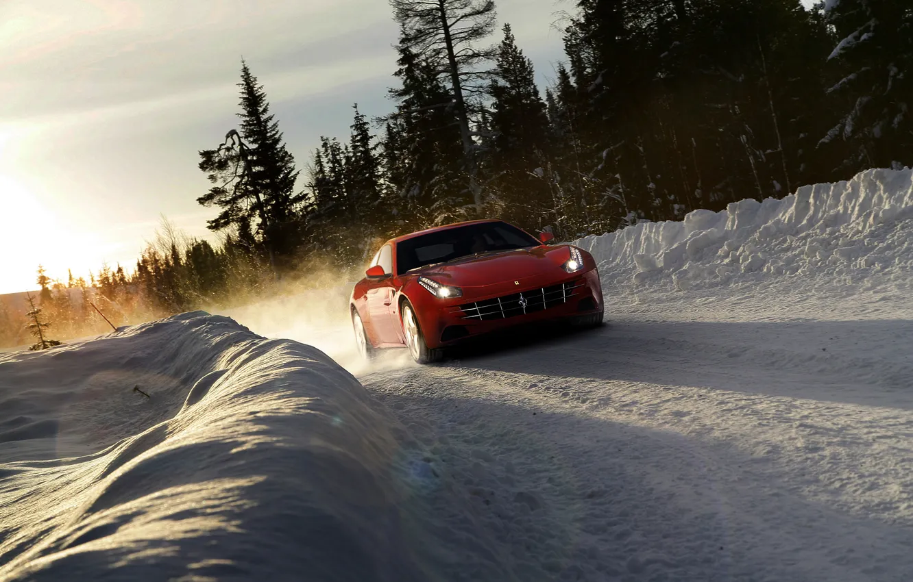 Фото обои зима, дорога, car, машина, лес, небо, солнце, снег