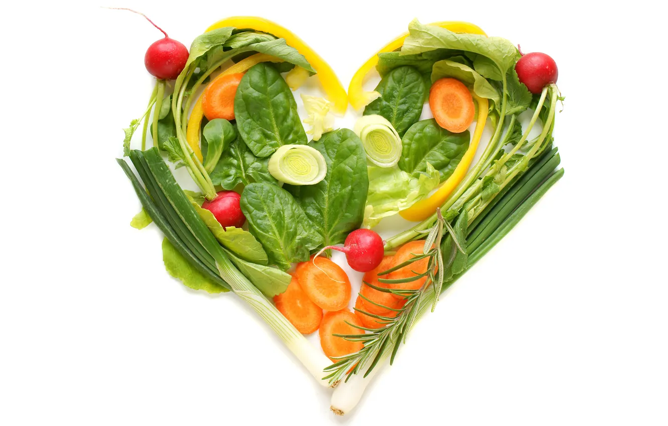 Фото обои зелень, креатив, сердце, лук, овощи, морковь, редиска