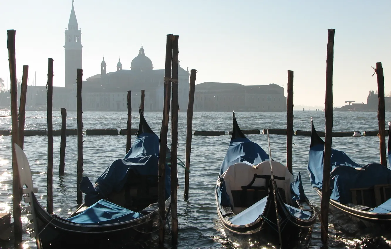 Фото обои утро, канал, венеция, гондолы