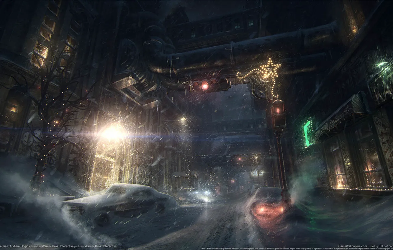 Фото обои снег, машины, город, игра, Бэтмен, game wallpapers, Batman: Arkham Origins