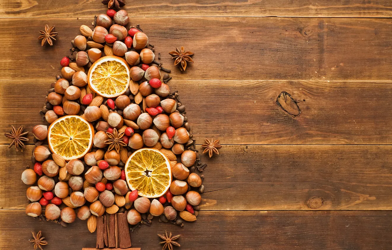 Фото обои зима, стол, дерево, праздник, елка, апельсин, Новый Год, шиповник